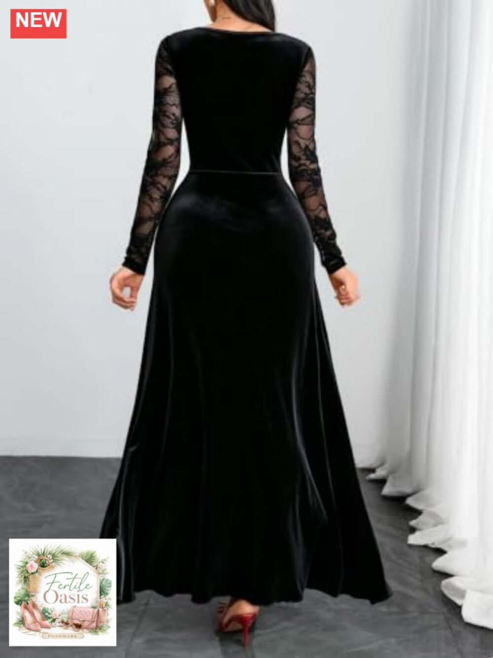 Women's Velvet Lace Long Sleeve Maxi Dress Plunging V-Neck Formal Gown - Picture 2 of 5